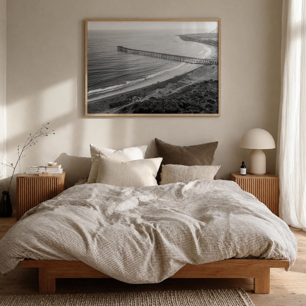 Ventura no. 1 black & white photo poster of California, USA – horizontal wall art in natural wood frame, hanging on wall