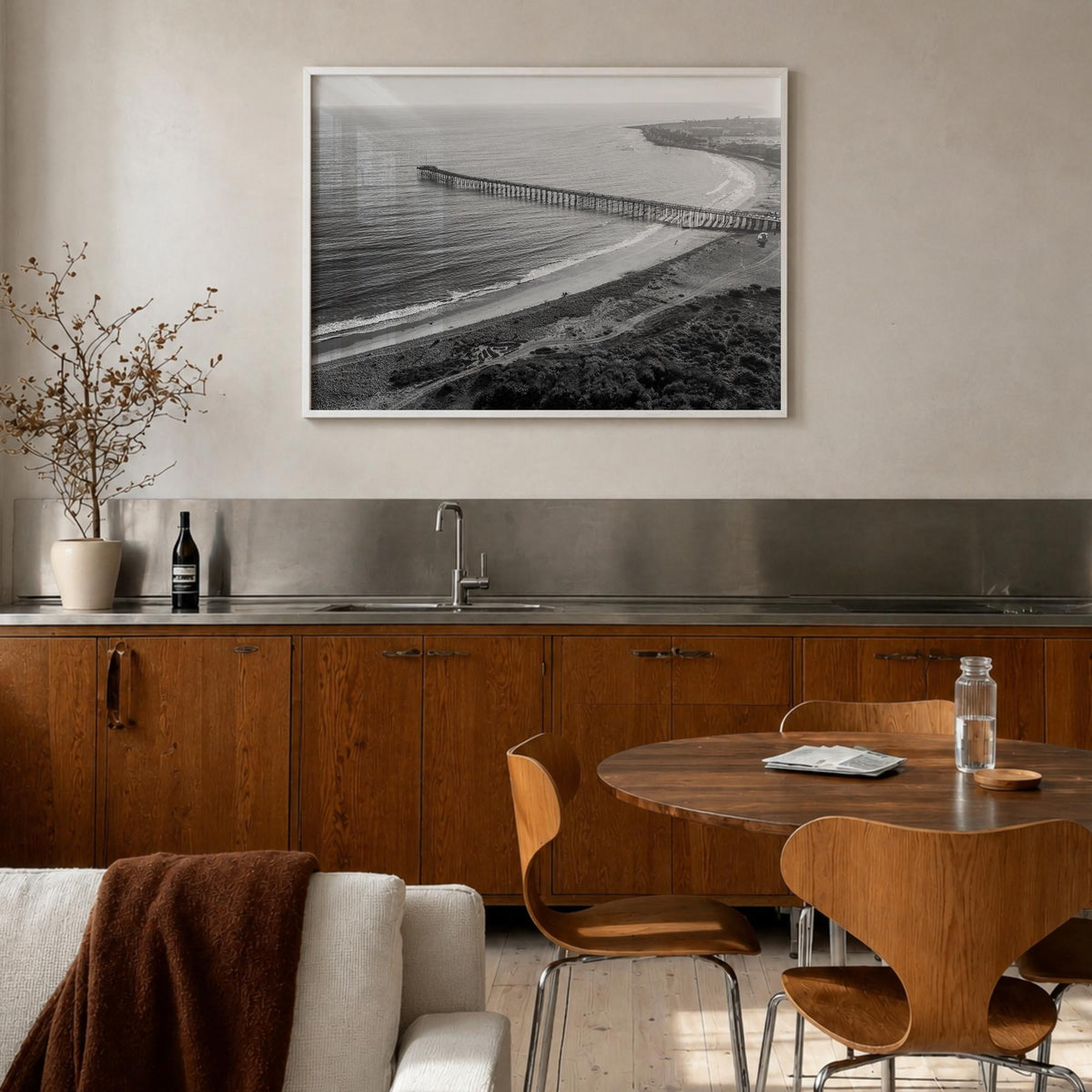 Ventura no. 1 black & white photo poster of California, USA – horizontal wall art in white wood frame, hanging on wall