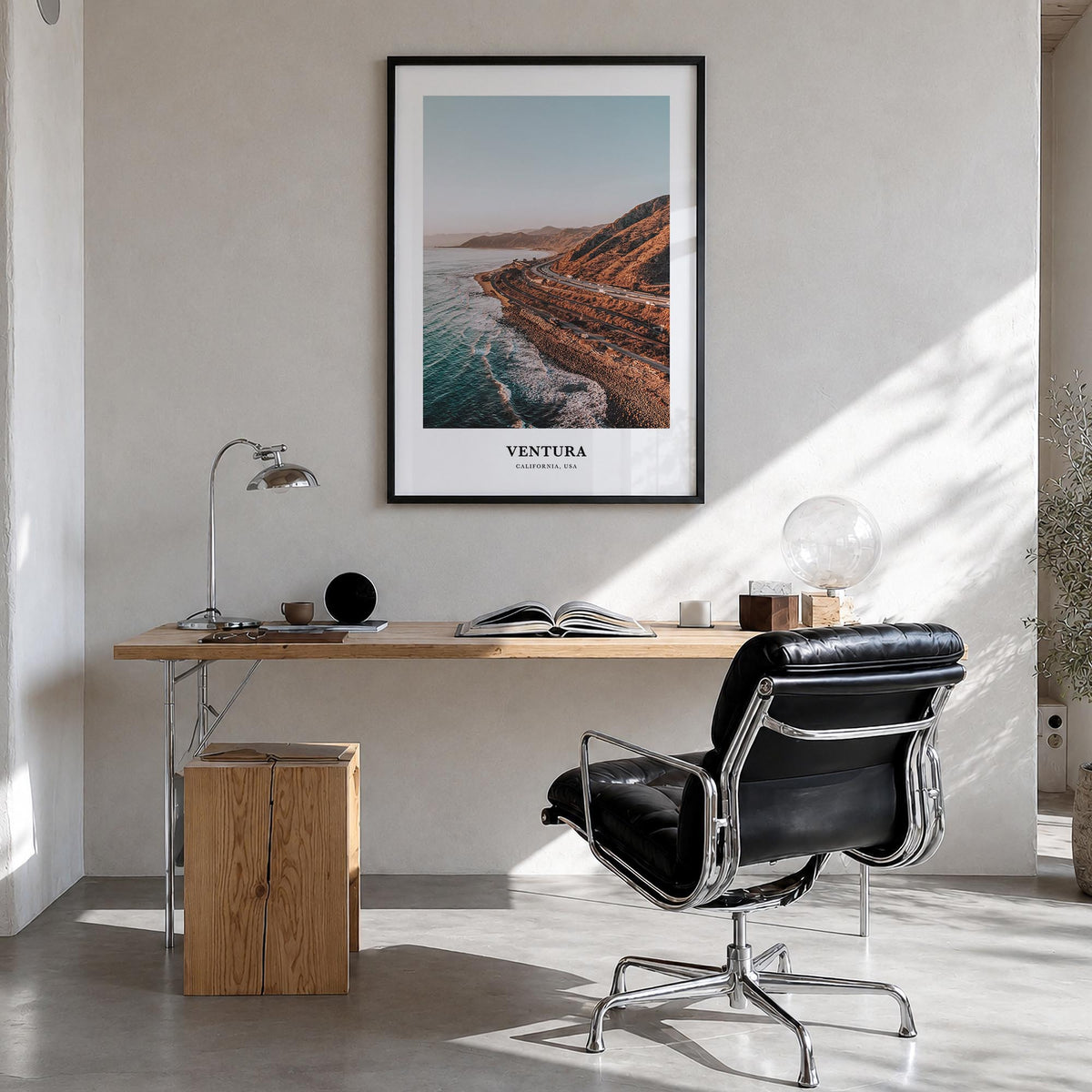 Ventura no. 1 colorful classic poster of California, USA – vertical wall art in black wood frame, hanging on wall