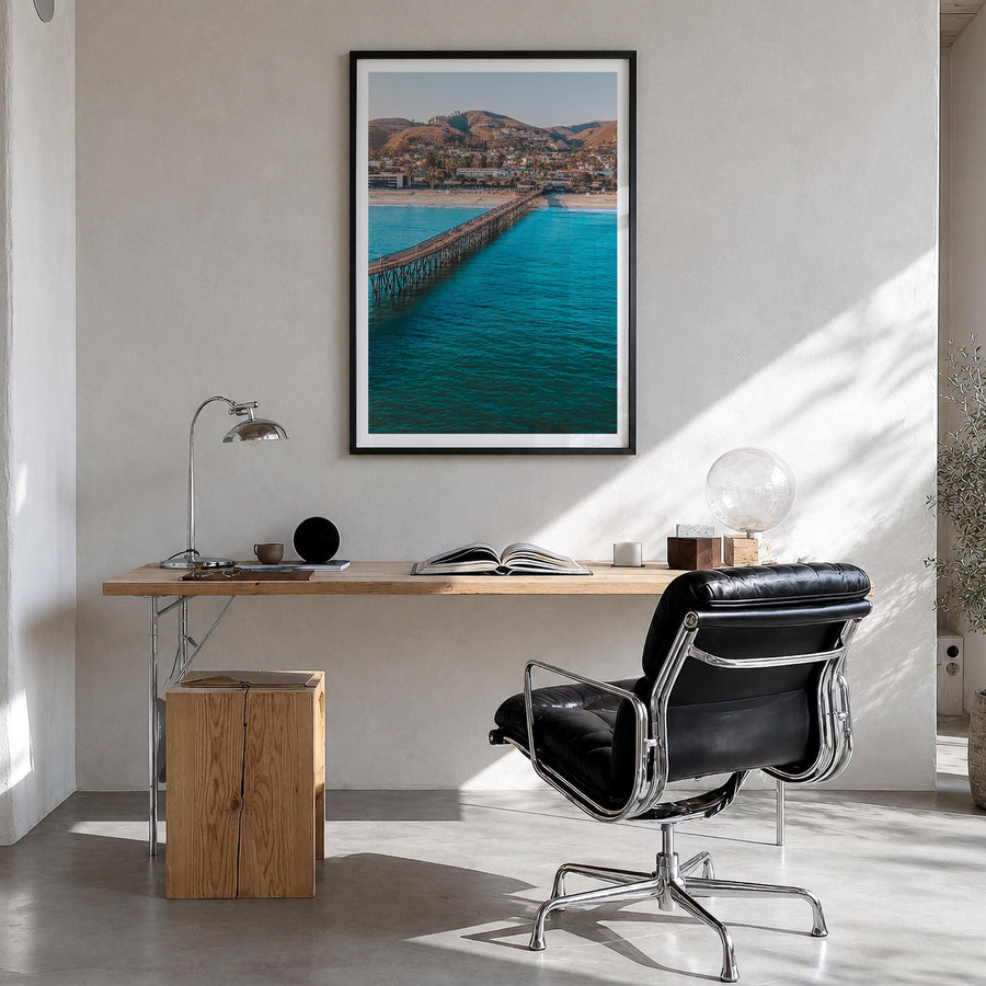 Ventura no. 1 colorful photo poster of California, USA – vertical wall art in black wood frame with white border, hanging on 