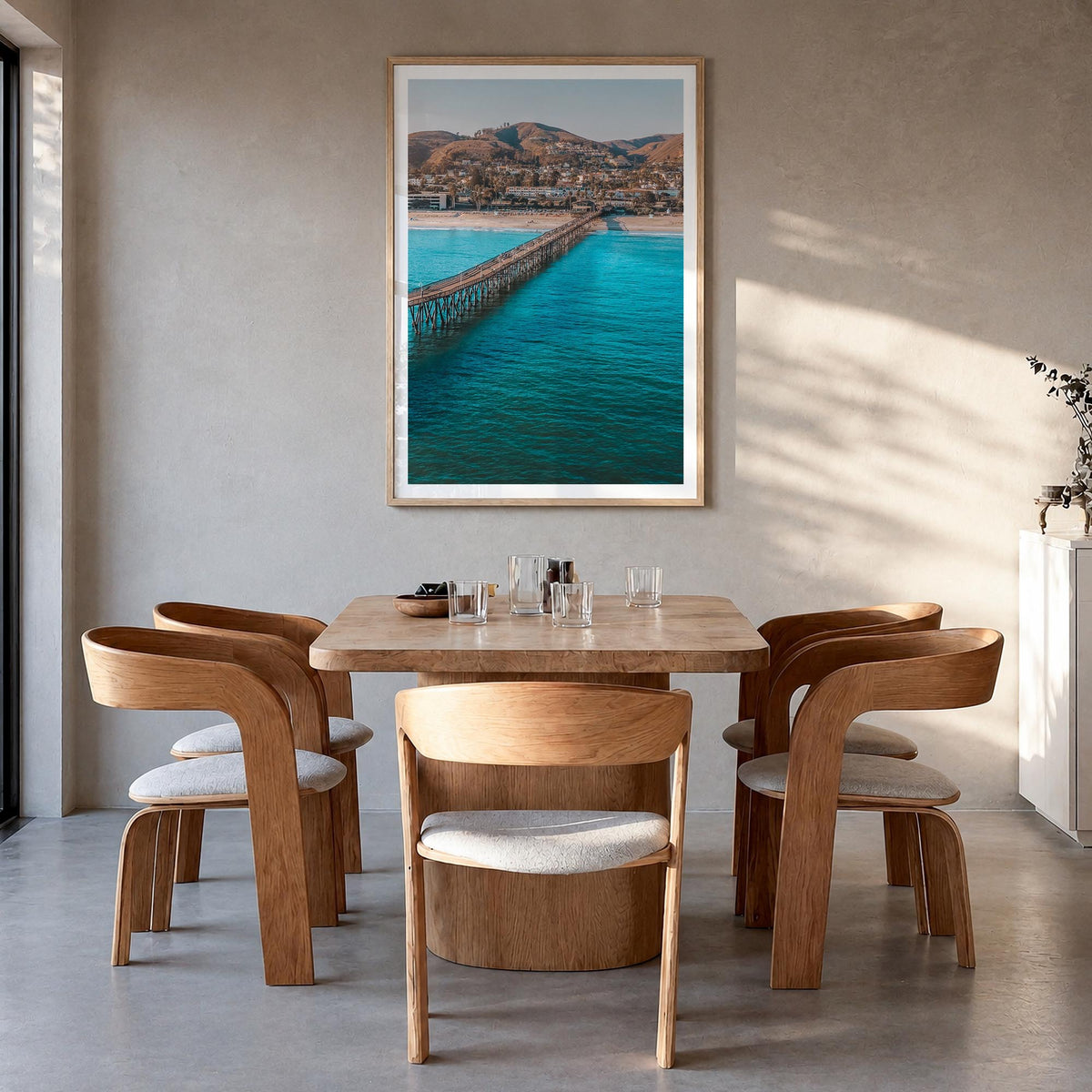 Ventura no. 1 colorful photo poster of California, USA – vertical wall art in natural wood frame with white border, hanging o
