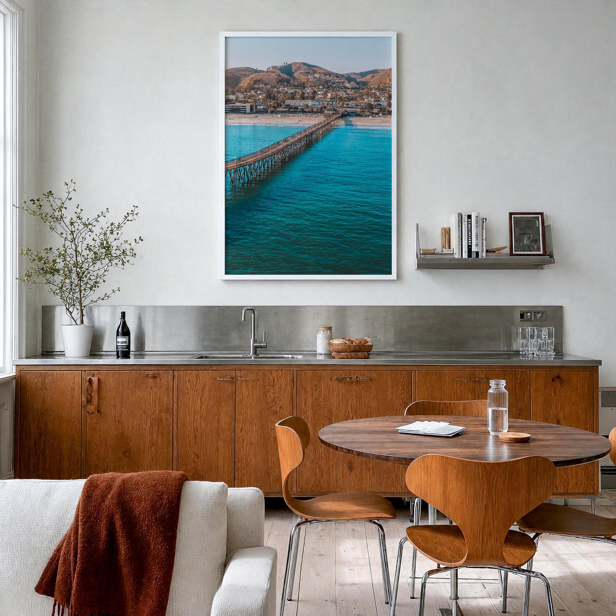 Ventura no. 1 colorful photo poster of California, USA – vertical wall art in white wood frame, hanging on wall