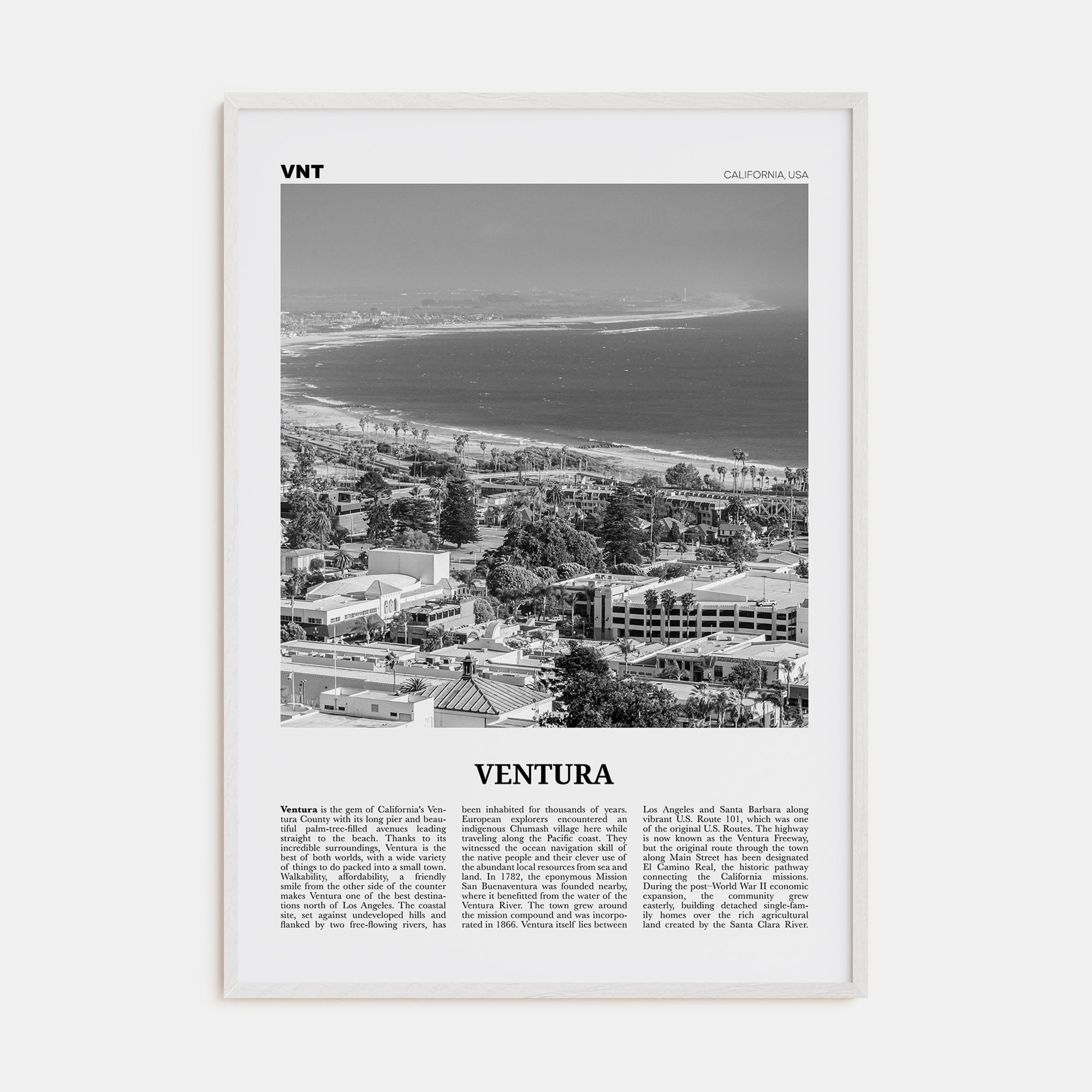 Ventura No 1 Poster White Wood / 8x12 in Nbourhood Travel B&W Poster