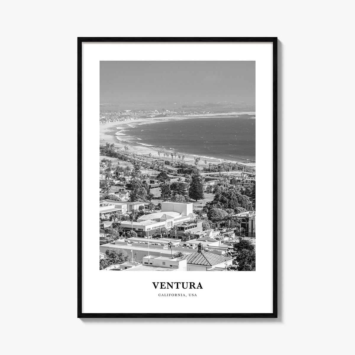 Ventura no. 2 black & white classic poster of California, USA – vertical wall art, unframed print shown in interior mockup
