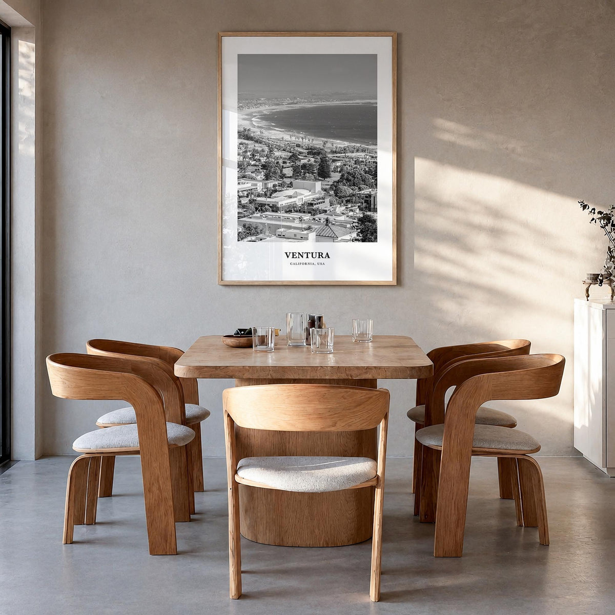 Ventura no. 2 black & white classic poster of California, USA – vertical wall art in natural wood frame, hanging on wall