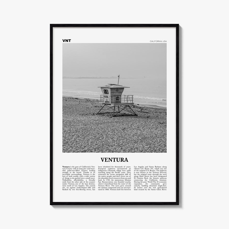 Ventura no. 2 black & white newspaper poster of California, USA – vertical wall art, unframed print shown in interior mockup