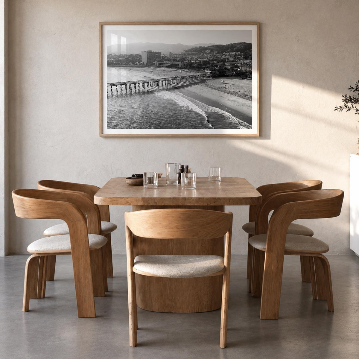 Ventura no. 2 black & white photo poster of California, USA – horizontal wall art in natural wood frame with white border, ha