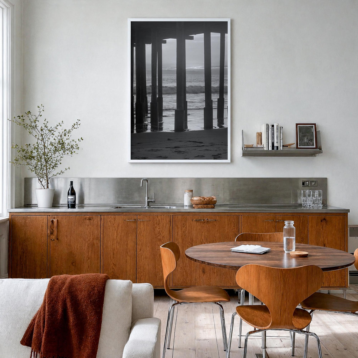 Ventura no. 2 black & white photo poster of California, USA – vertical wall art in white wood frame, hanging on wall