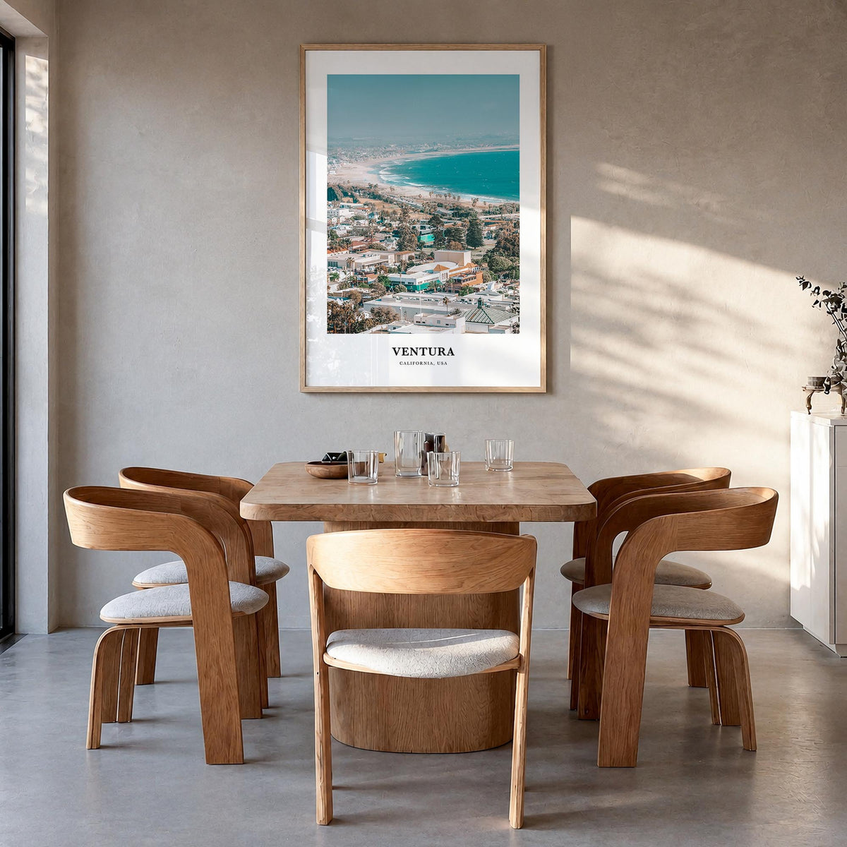 Ventura no. 2 colorful classic poster of California, USA – vertical wall art in natural wood frame, hanging on wall