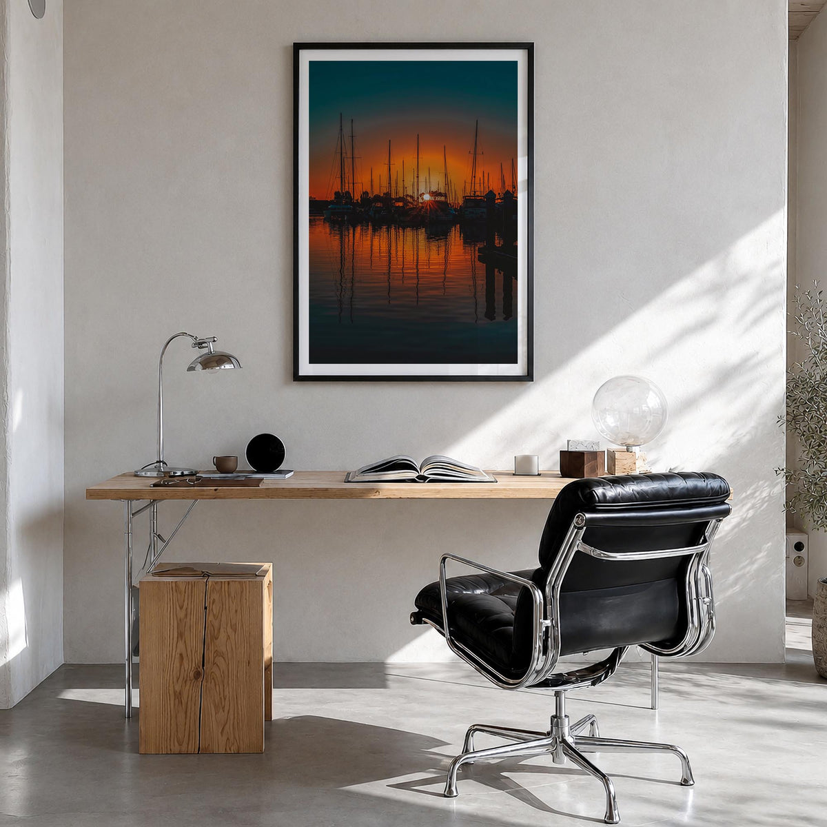 Ventura no. 2 colorful photo poster of California, USA – vertical wall art in black wood frame with white border, hanging on 