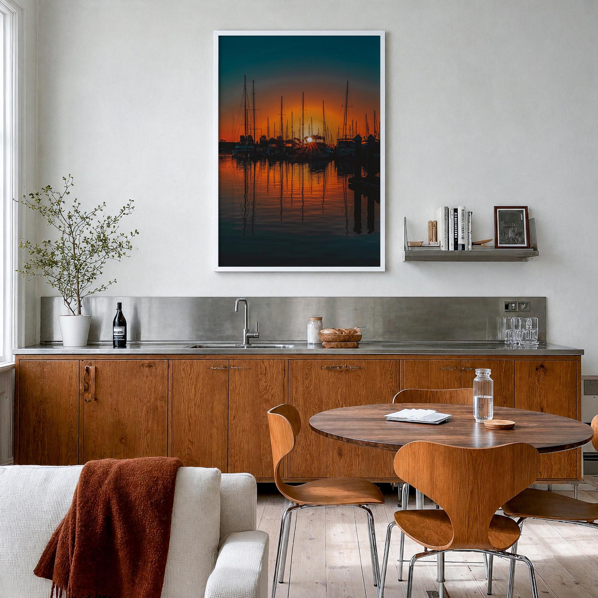 Ventura no. 2 colorful photo poster of California, USA – vertical wall art in white wood frame, hanging on wall