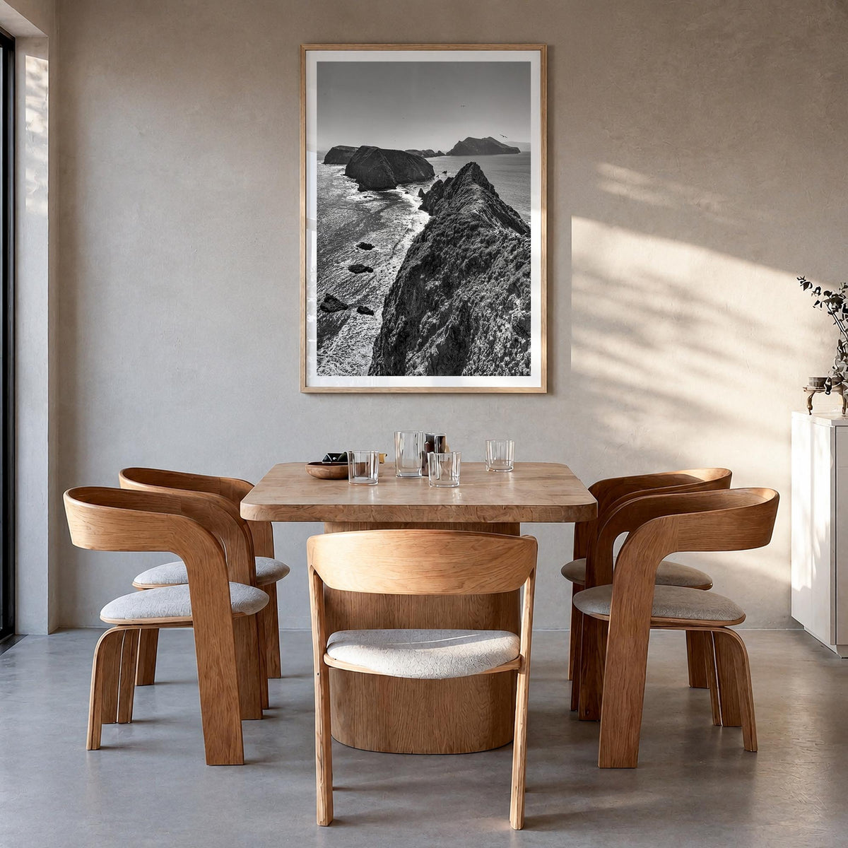 Ventura no. 3 black & white photo poster of California, USA – vertical wall art in natural wood frame with white border, hang