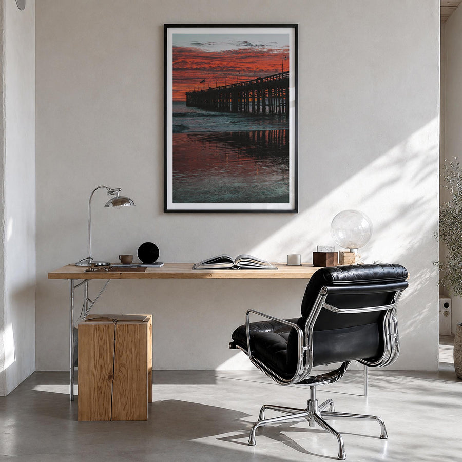 Ventura no. 3 colorful photo poster of California, USA – vertical wall art in black wood frame with white border, hanging on 