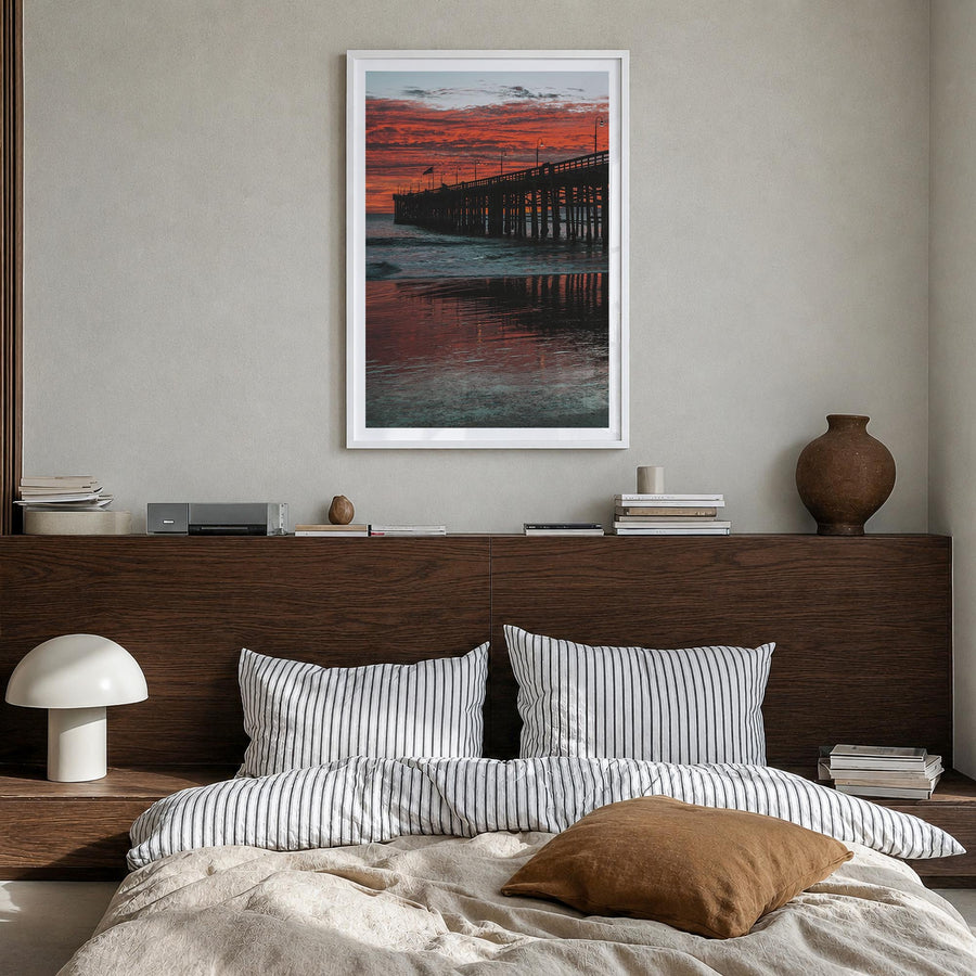 Ventura no. 3 colorful photo poster of California, USA – vertical wall art in white wood frame with white border, hanging on 