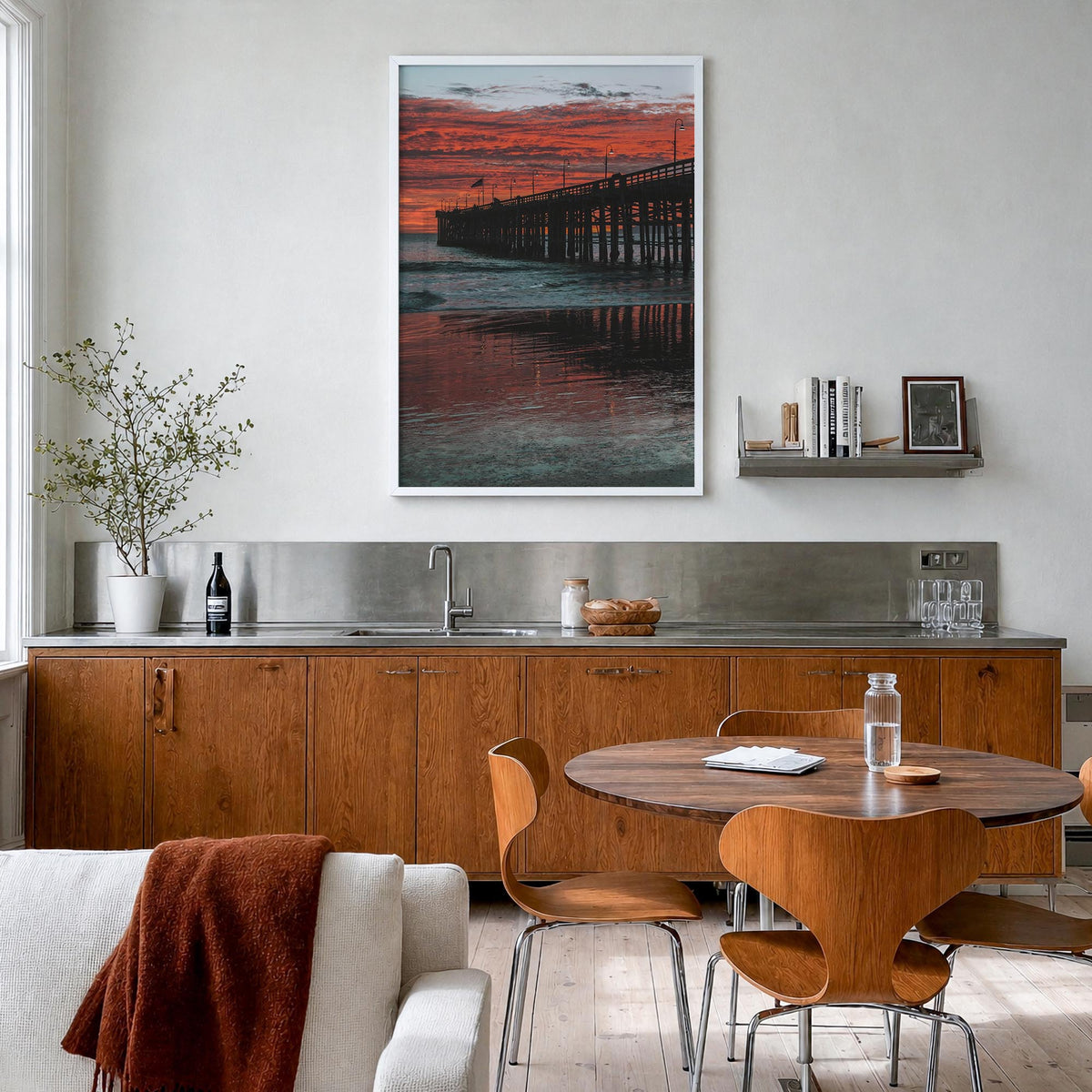 Ventura no. 3 colorful photo poster of California, USA – vertical wall art in white wood frame, hanging on wall