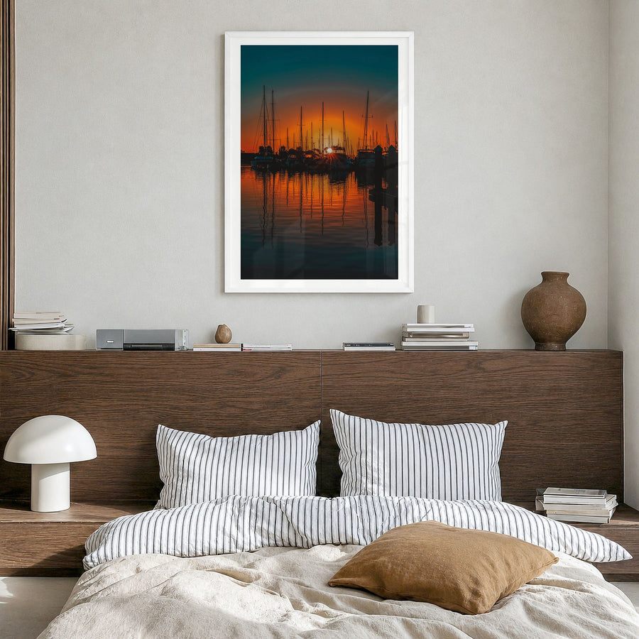 Ventura Photo No 2 Poster in a white wood frame, hanging in a bedroom, white border