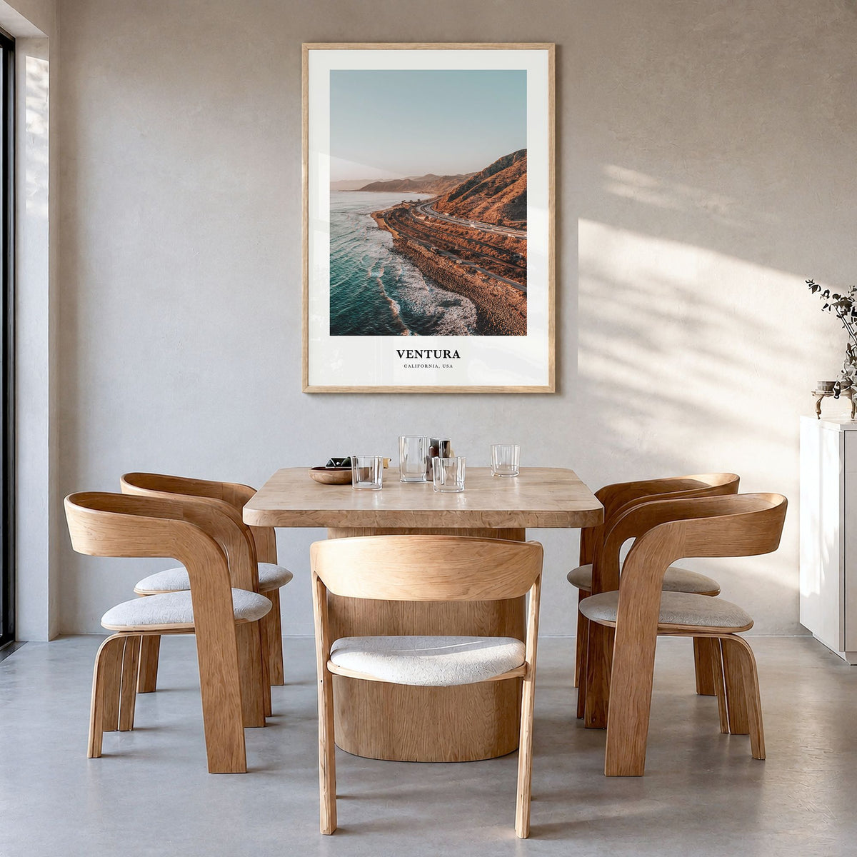 Ventura Classic No 1 Poster in a natural wood frame, hanging in a dining room