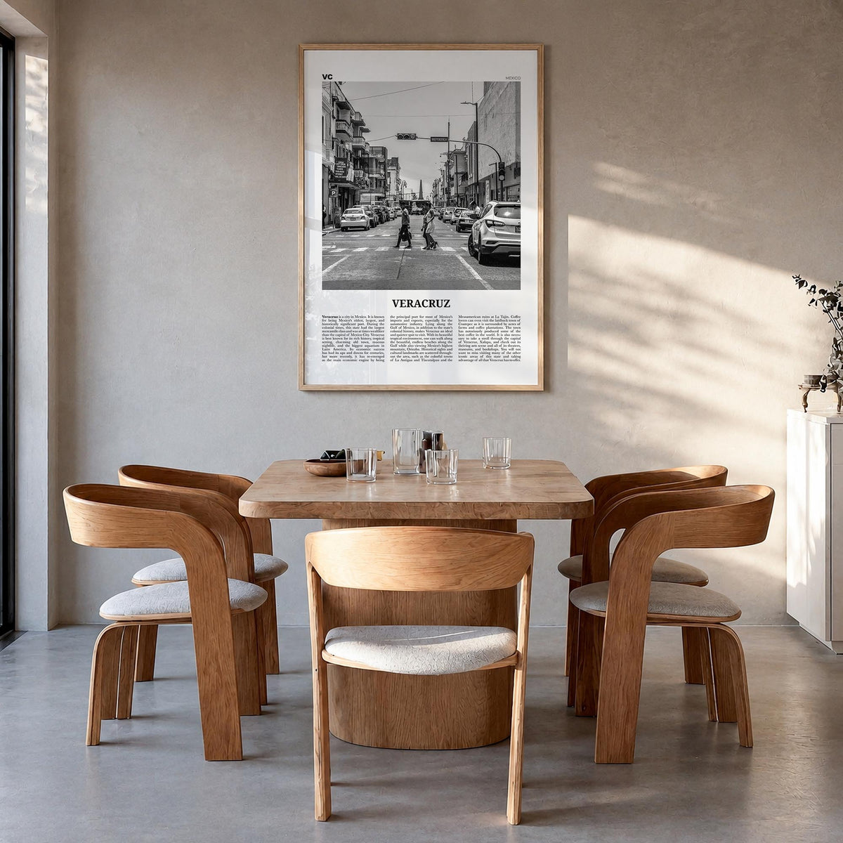 Veracruz black & white newspaper poster of Mexico – vertical wall art in natural wood frame, hanging on wall