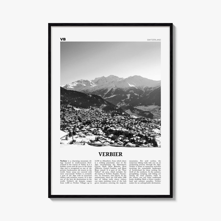 Verbier black & white newspaper poster of Switzerland – vertical wall art, unframed print shown in interior mockup