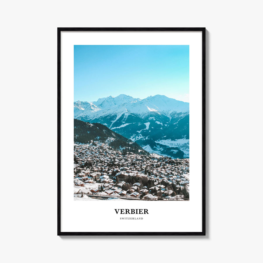 Verbier colorful classic poster of Switzerland – vertical wall art, unframed print shown in interior mockup