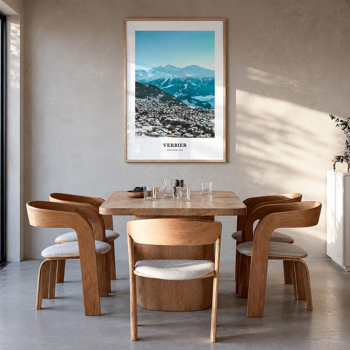 Verbier colorful classic poster of Switzerland – vertical wall art in natural wood frame, hanging on wall