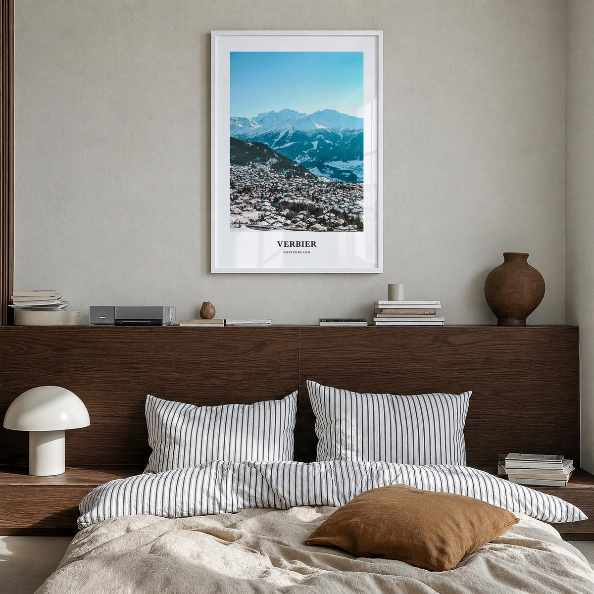 Verbier colorful classic poster of Switzerland – vertical wall art in white wood frame, hanging on wall
