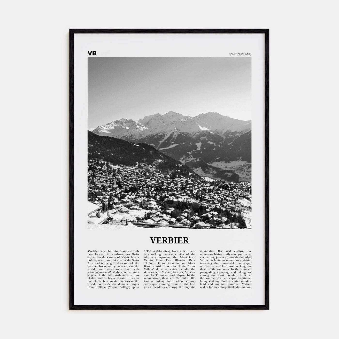 Verbier Poster Black Wood / 8x12 in Nbourhood Travel B&W Poster