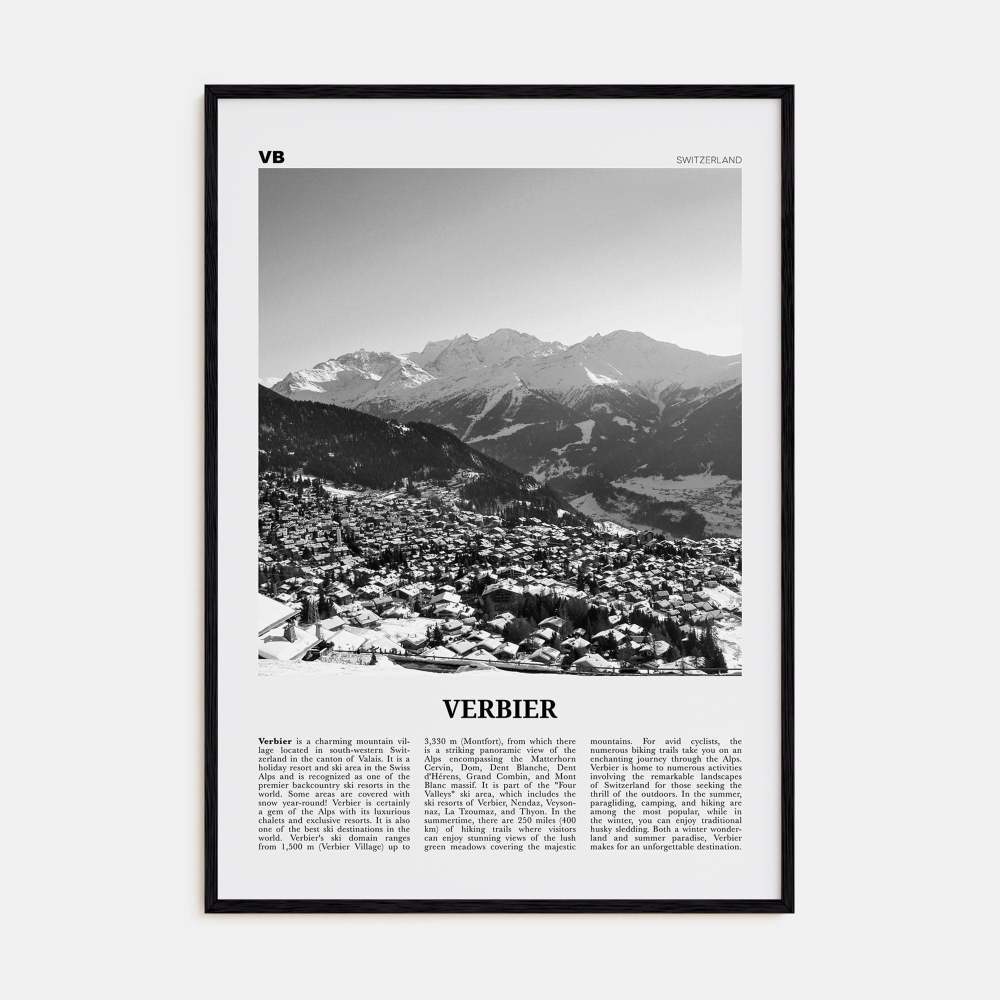 Verbier Poster Black Wood / 8x12 in Nbourhood Travel B&W Poster