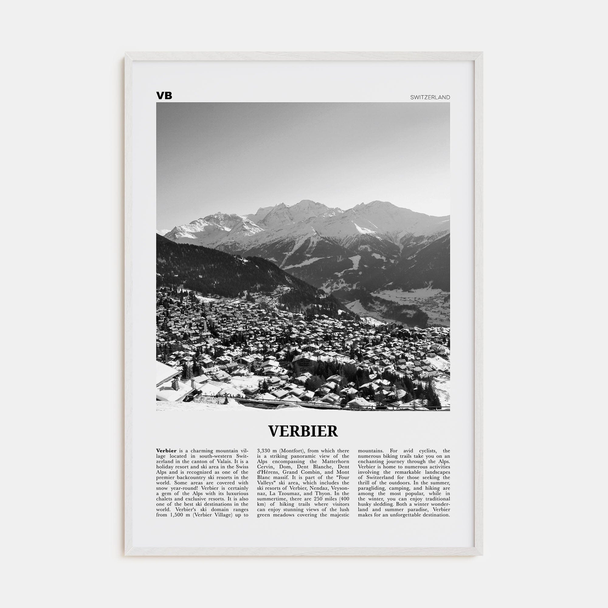 Verbier Poster White Wood / 8x12 in Nbourhood Travel B&W Poster