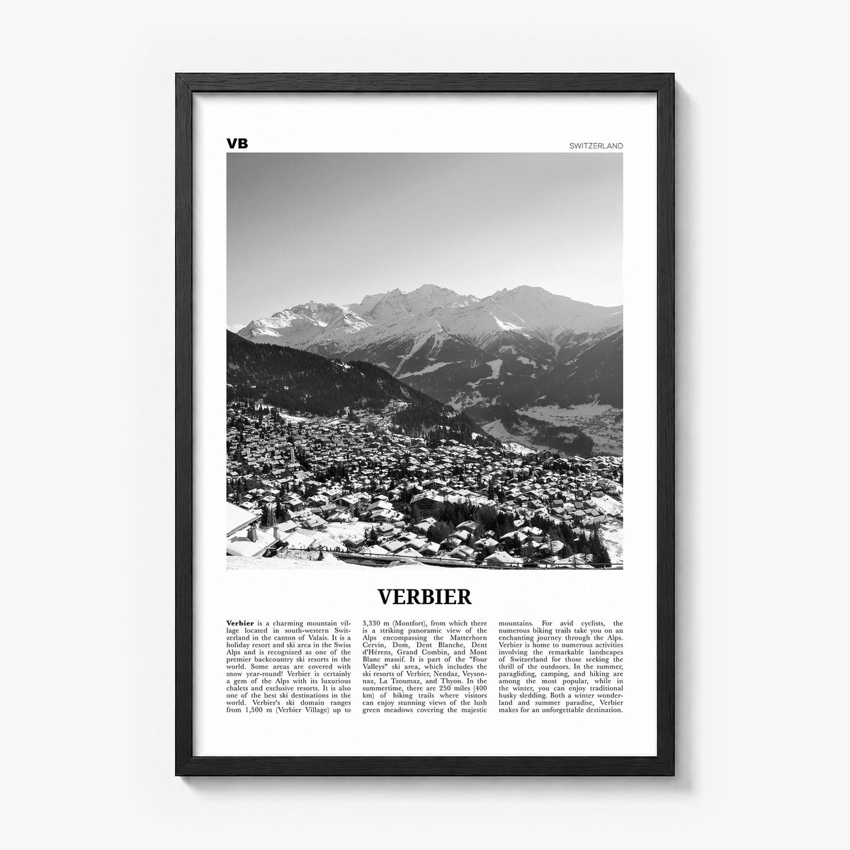 Verbier Newspaper Poster in a black wood frame