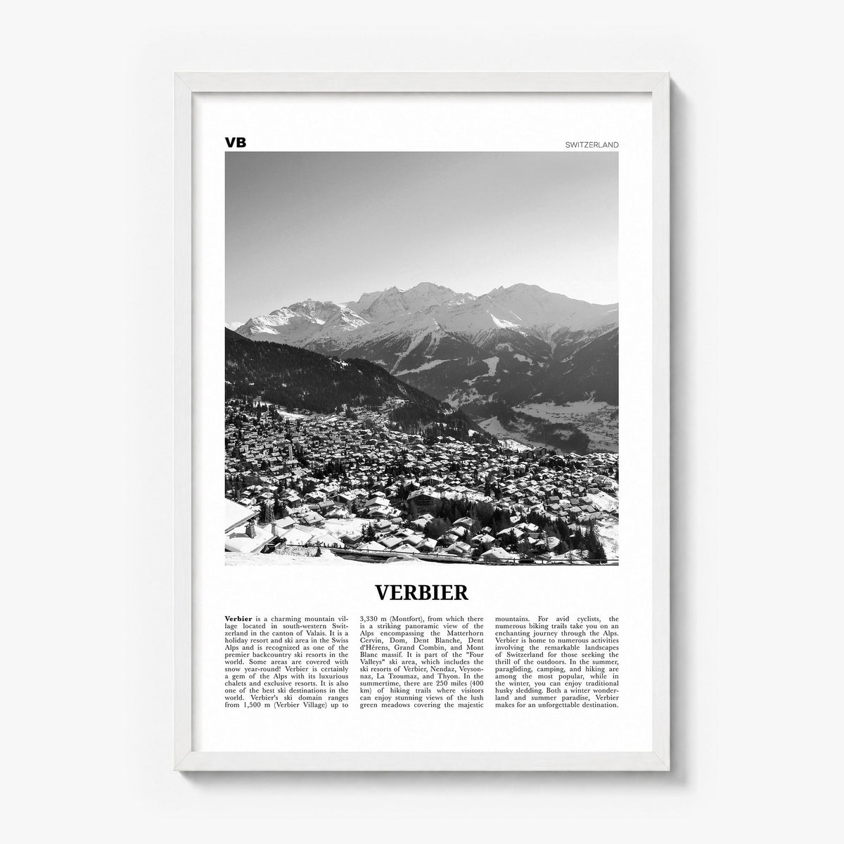 Verbier Newspaper Poster in a white wood frame