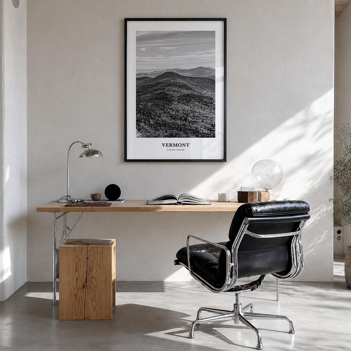 Vermont black & white classic poster of United States – vertical wall art in black wood frame, hanging on wall