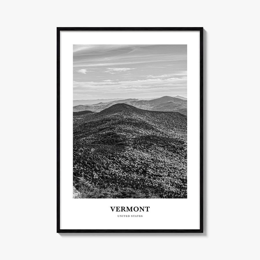 Vermont black & white classic poster of United States – vertical wall art, unframed print shown in interior mockup