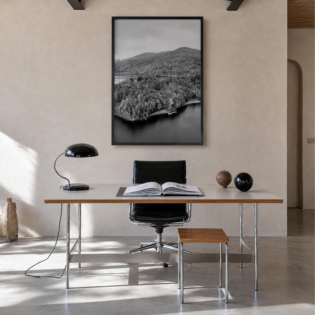 Vermont black & white photo poster of United States – vertical wall art in black wood frame, hanging on wall