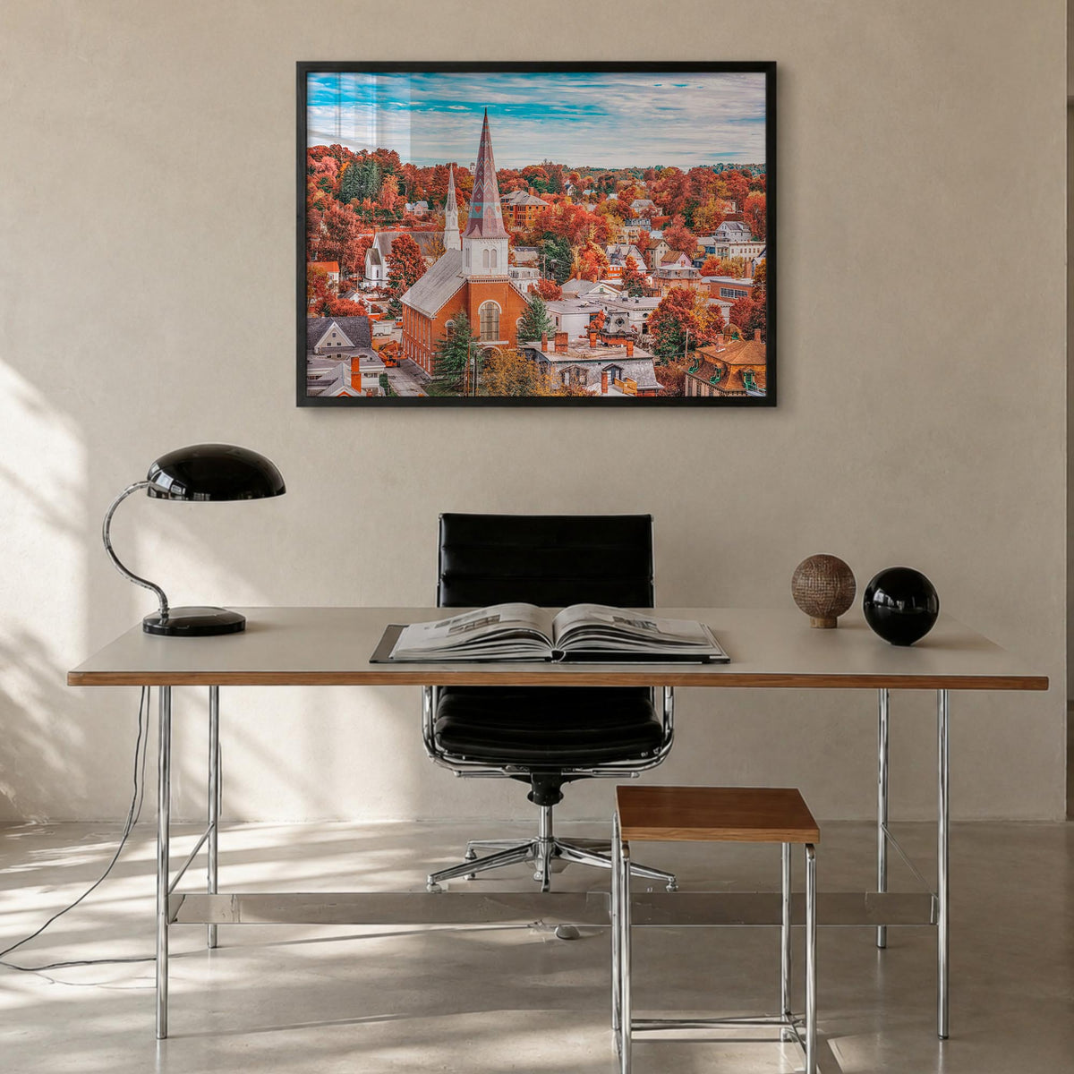 Vermont colorful photo poster of United States – horizontal wall art in black wood frame, hanging on wall