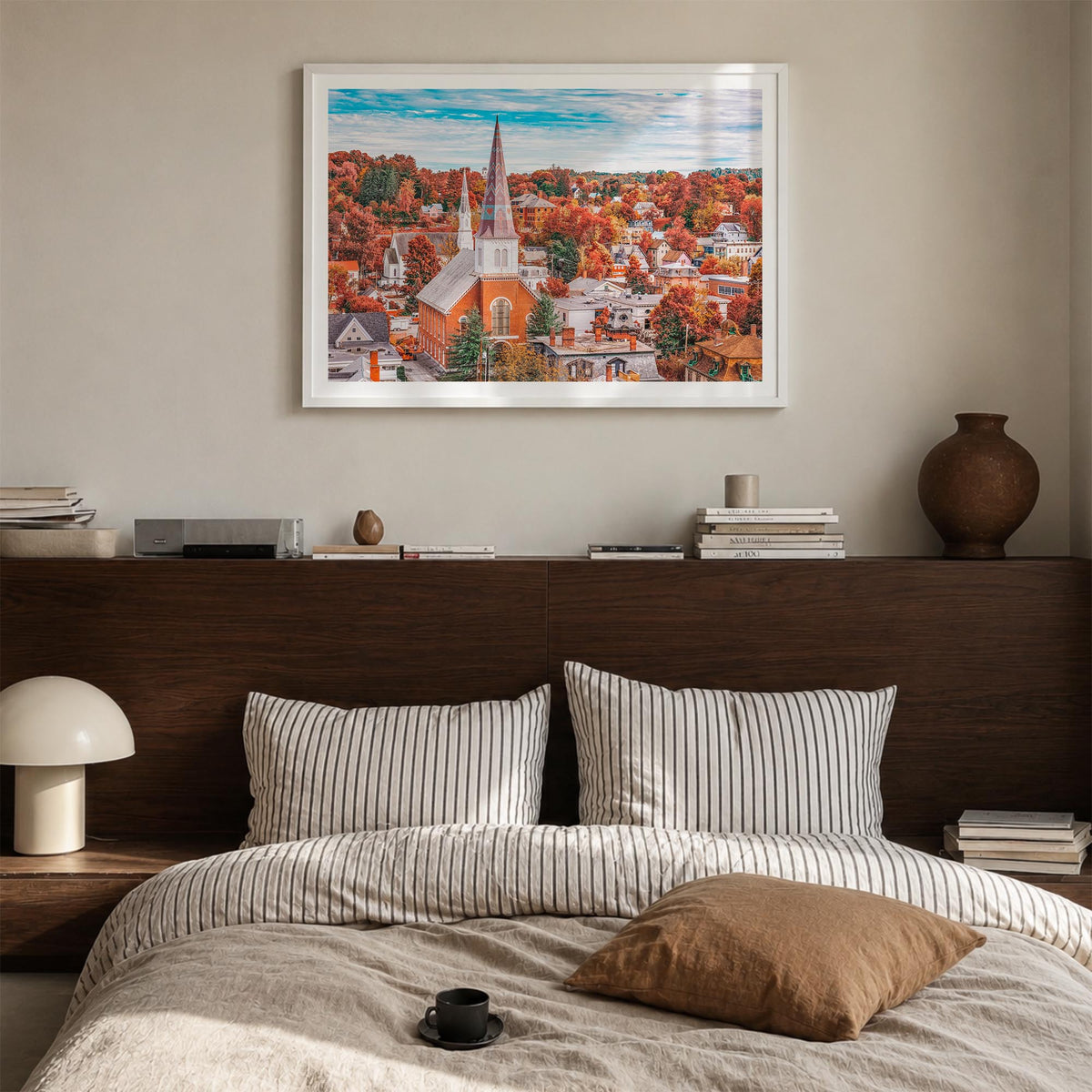 Vermont colorful photo poster of United States – horizontal wall art in white wood frame with white border, hanging on wall
