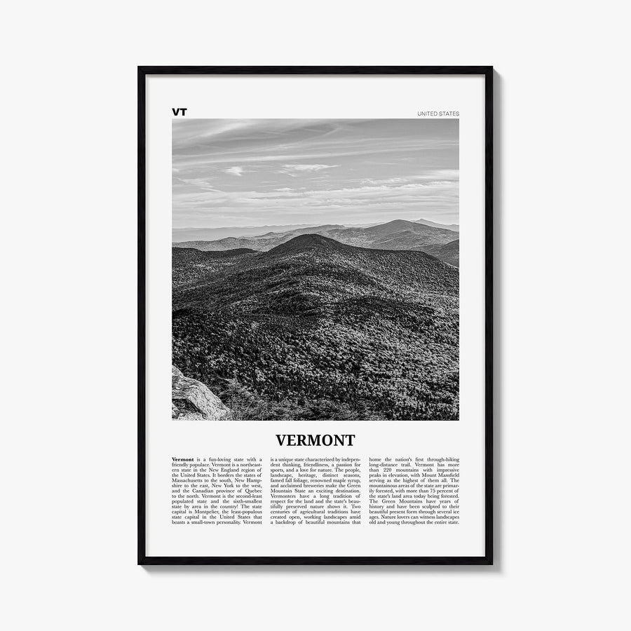Vermont no. 1 black & white newspaper poster of United States – vertical wall art, unframed print shown in interior mockup