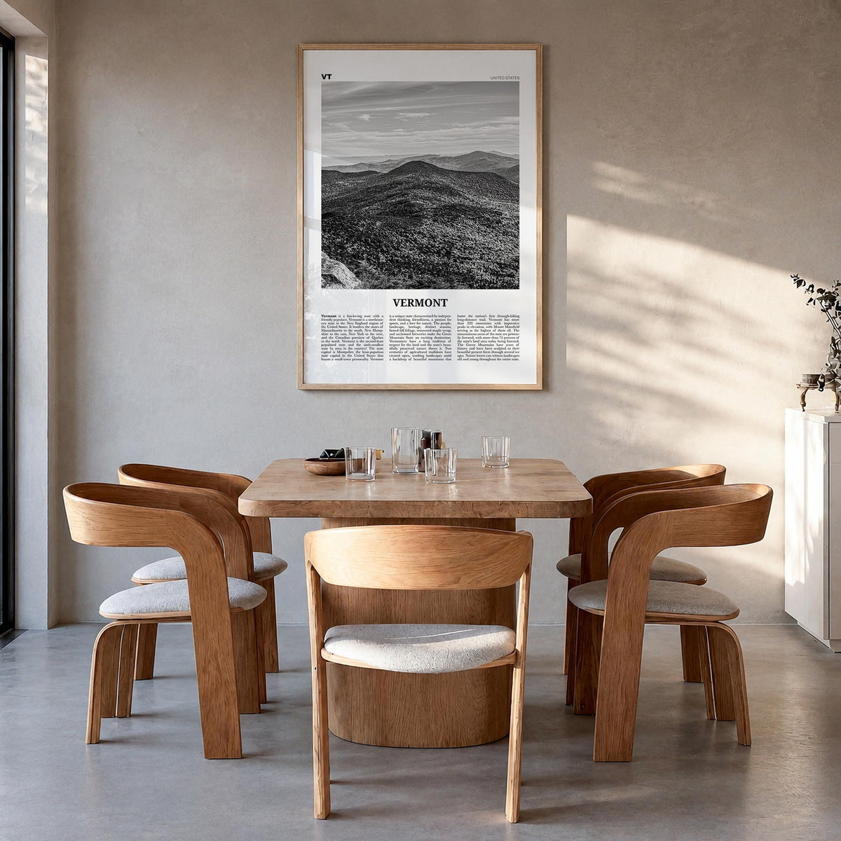 Vermont no. 1 black & white newspaper poster of United States – vertical wall art in natural wood frame, hanging on wall