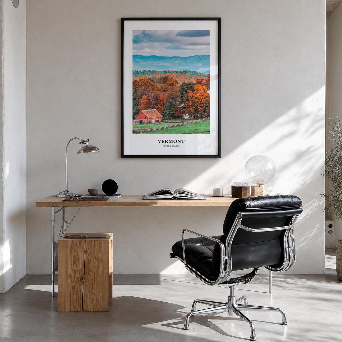 Vermont no. 1 colorful classic poster of United States – vertical wall art in black wood frame, hanging on wall