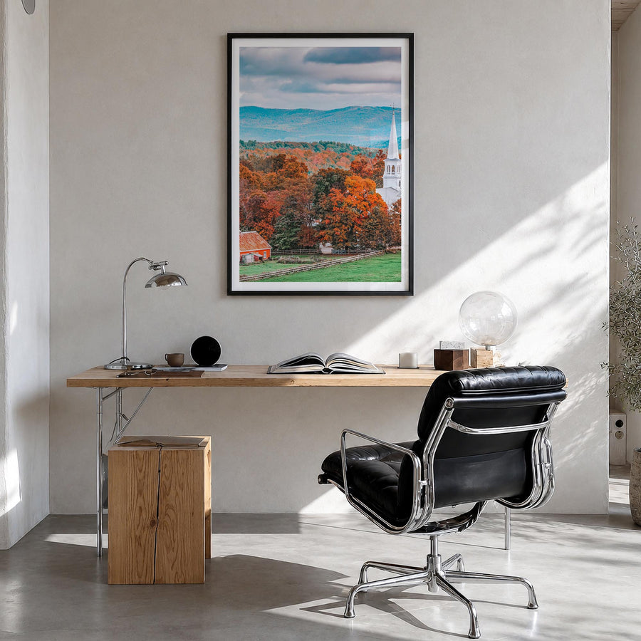 Vermont no. 1 colorful photo poster of United States – vertical wall art in black wood frame with white border, hanging on wa