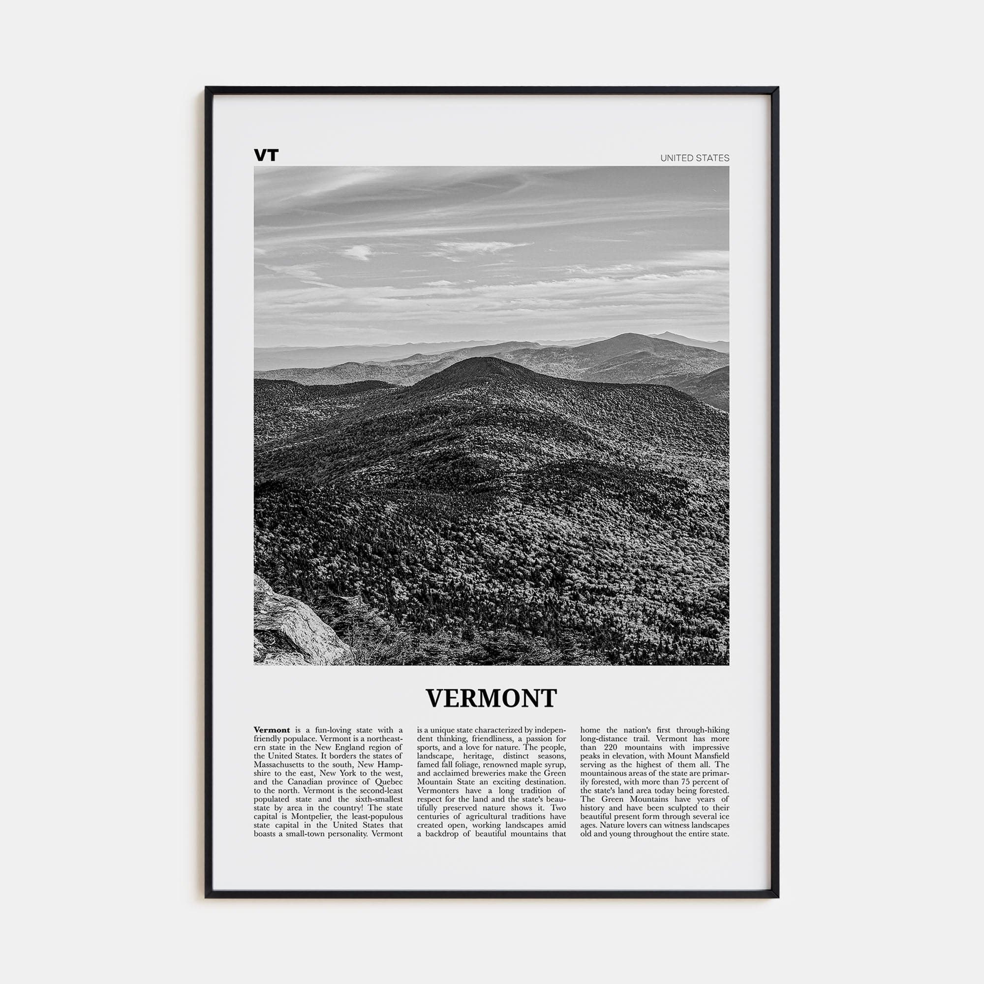 Vermont No 1 Poster Black Metal / 8x12 in Nbourhood Travel B&W Poster