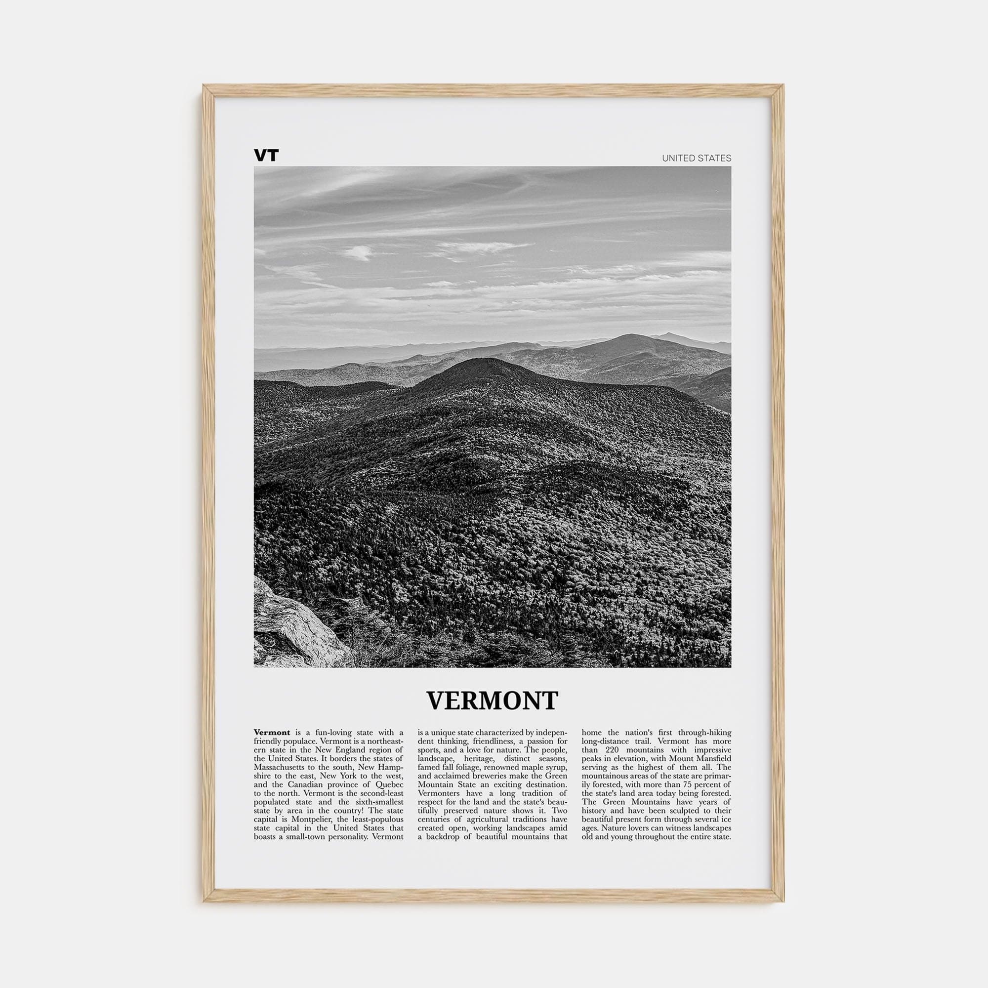 Vermont No 1 Poster Natural Wood / 8x12 in Nbourhood Travel B&W Poster