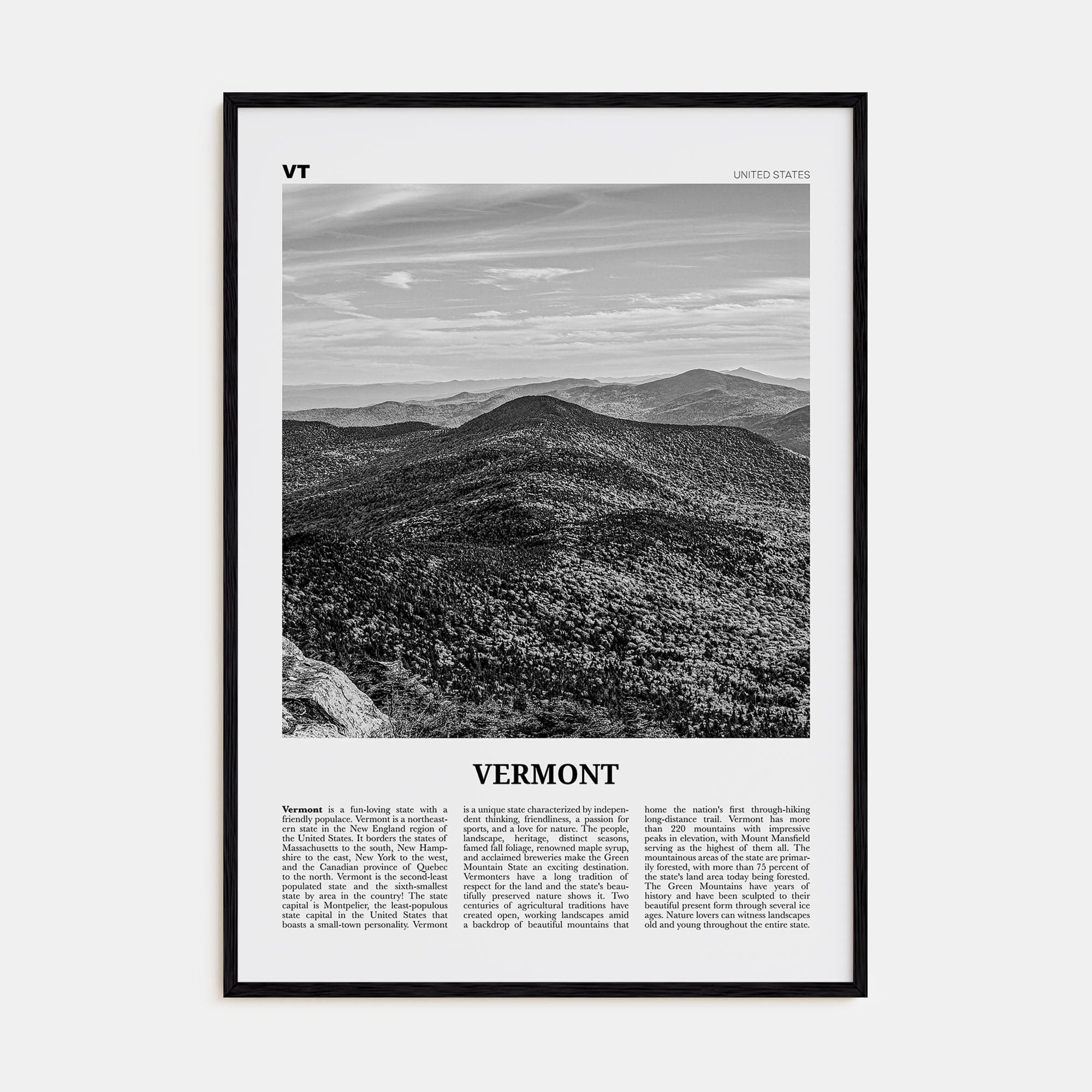 Vermont No 1 Poster Black Wood / 8x12 in Nbourhood Travel B&W Poster