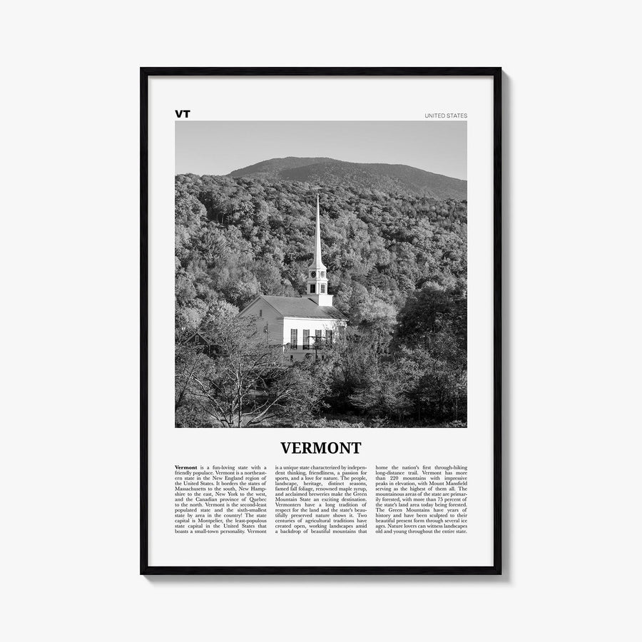 Vermont no. 2 black & white newspaper poster of United States – vertical wall art, unframed print shown in interior mockup
