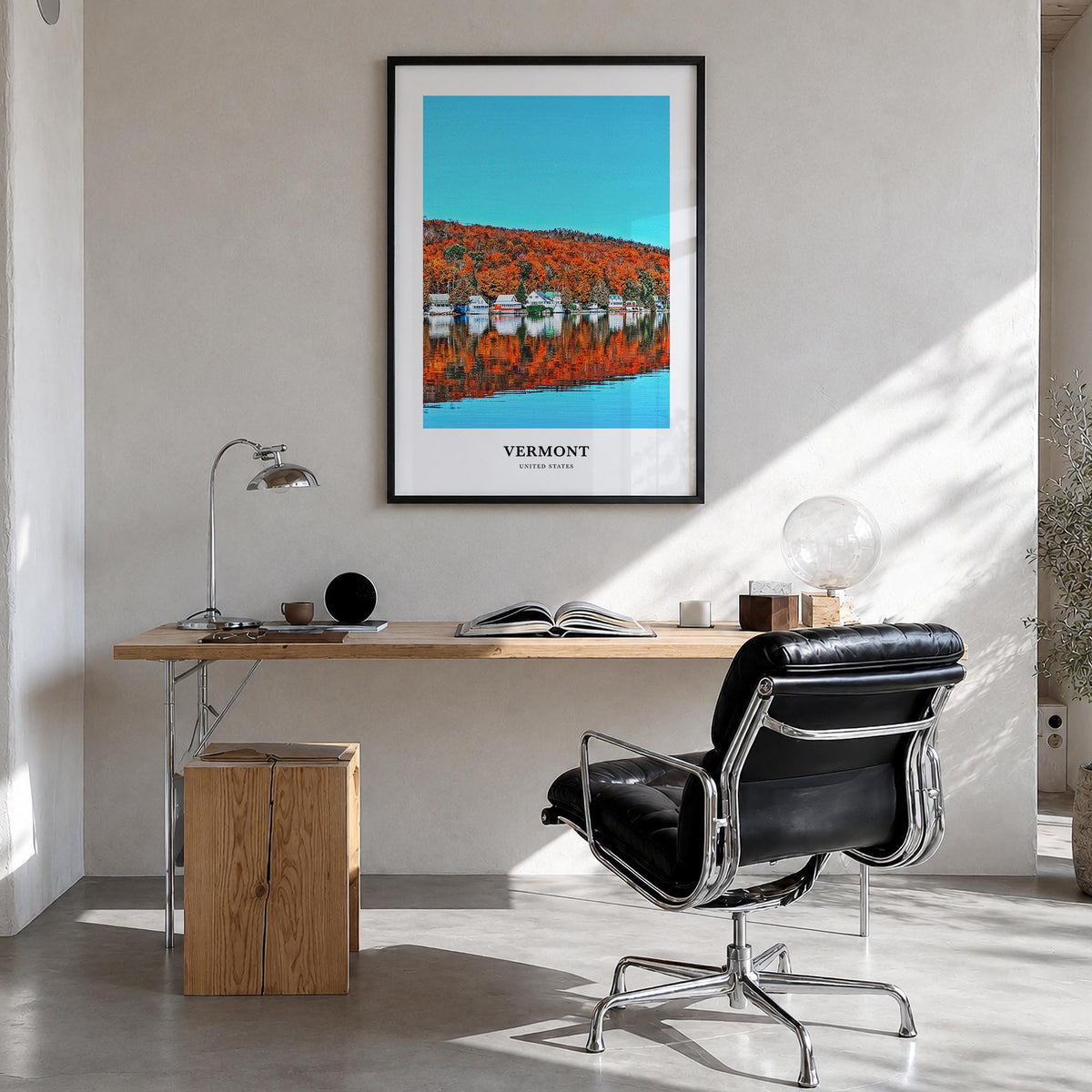 Vermont no. 2 colorful classic poster of United States – vertical wall art in black wood frame, hanging on wall