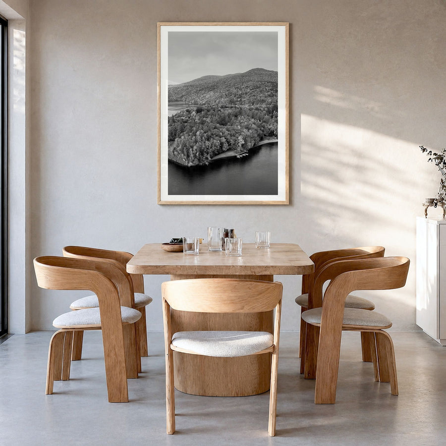 Vermont Photo Poster in a natural wood frame, hanging in a dining room, white border