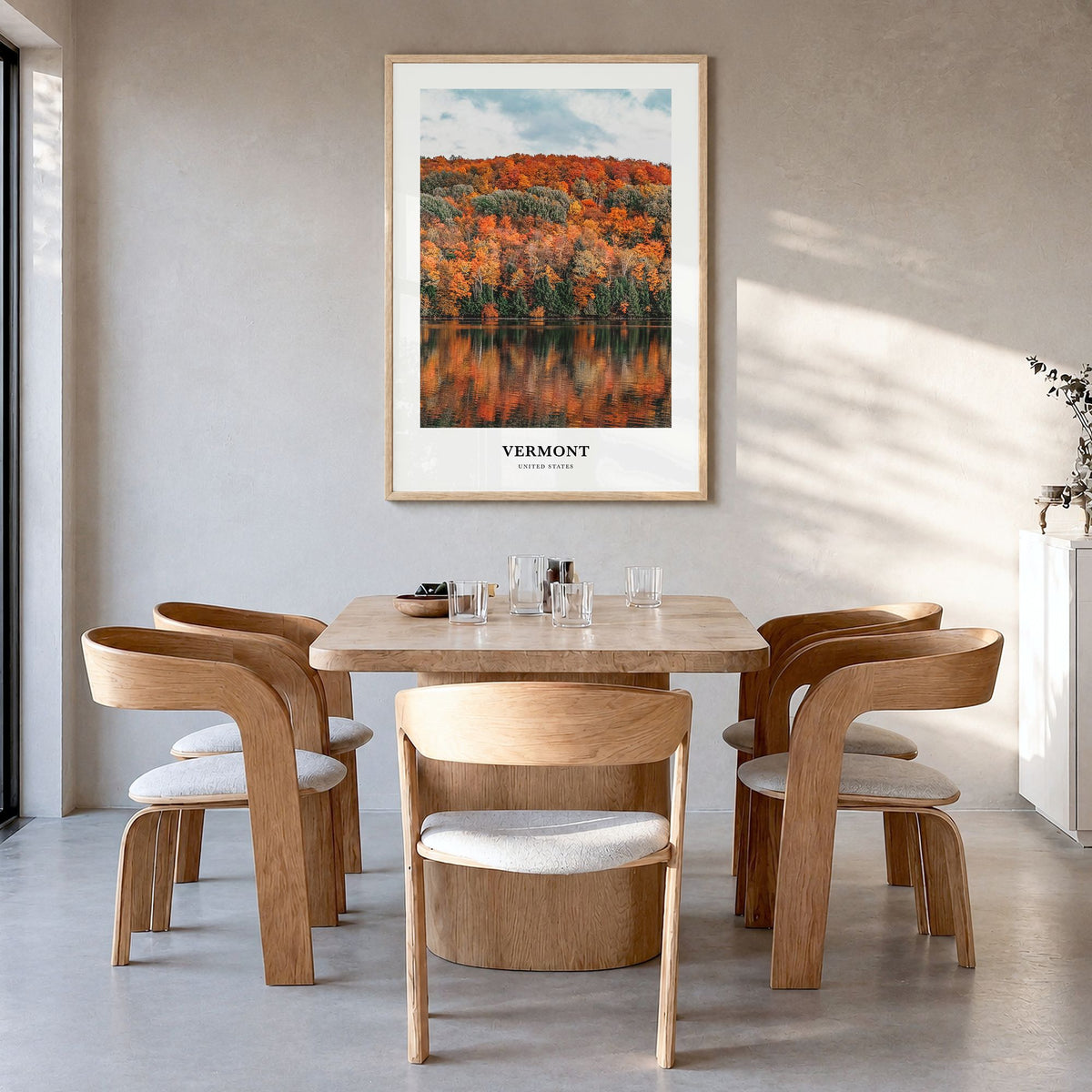 Vermont Classic No 3 Poster in a natural wood frame, hanging in a dining room