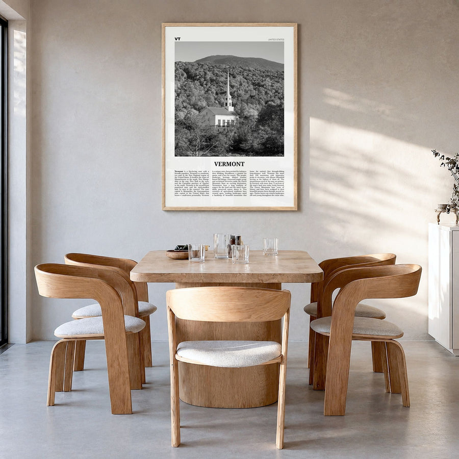 Vermont Newspaper No 2 Poster in a natural wood frame, hanging in a dining room