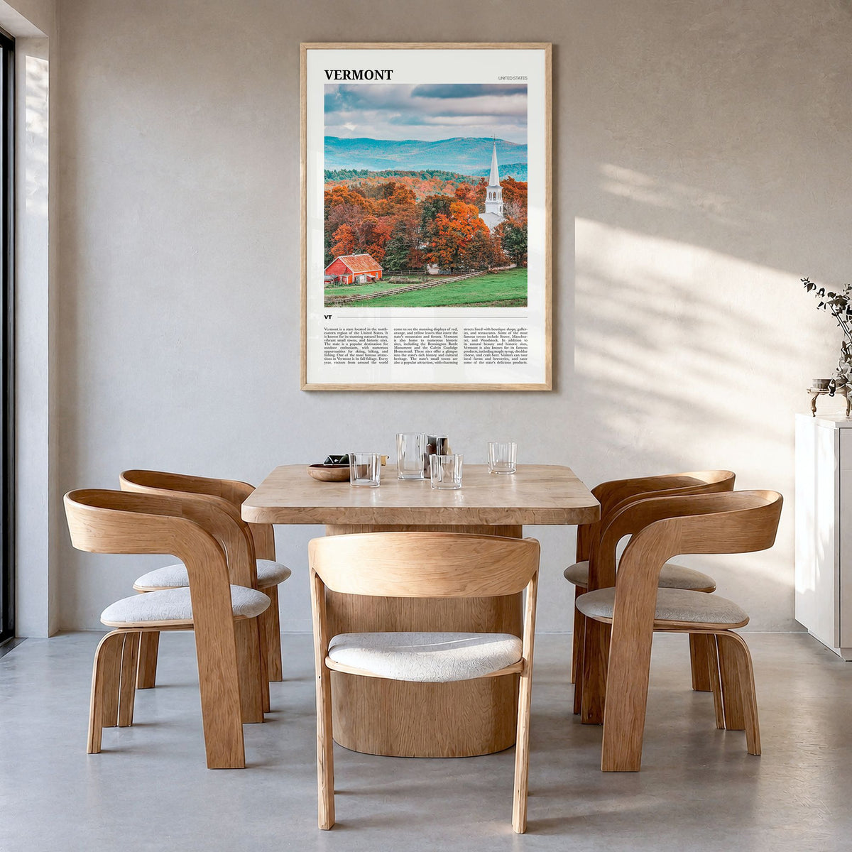 Vermont Travel No 1 Poster in a natural wood frame, hanging in a dining room
