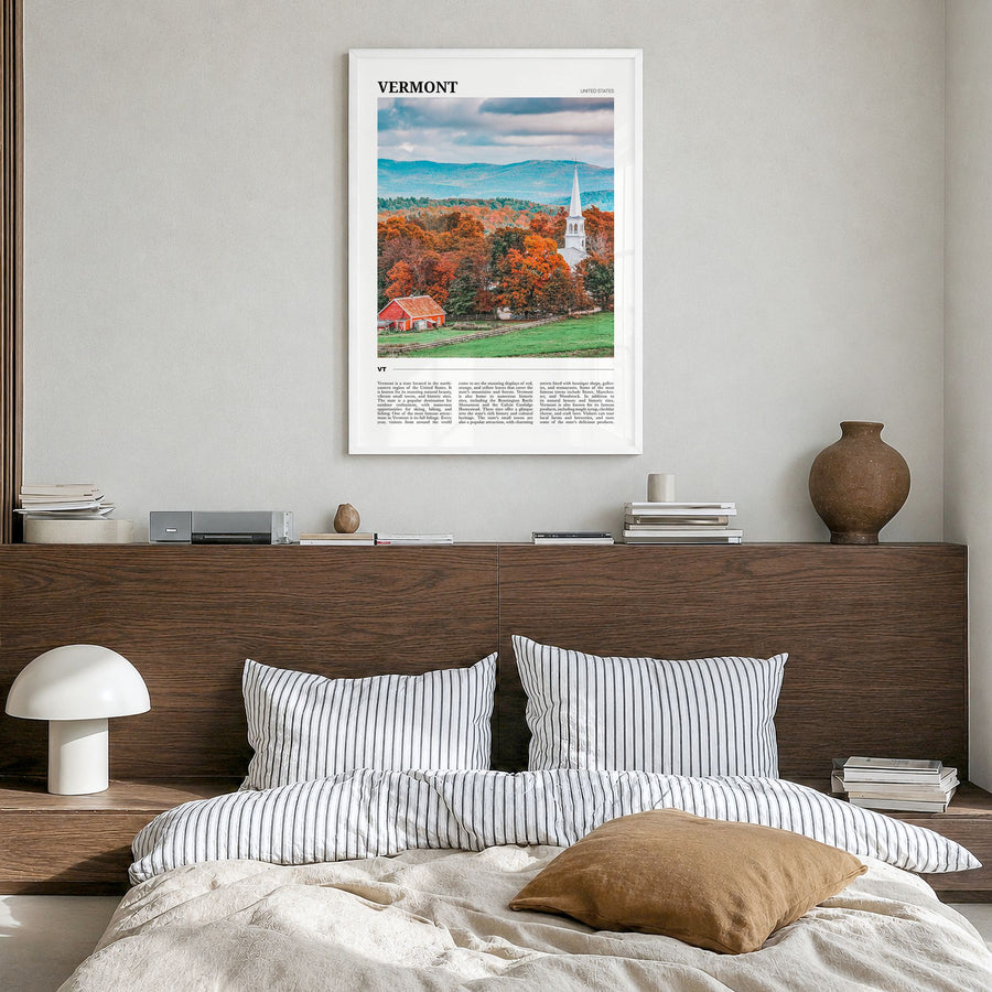Vermont Travel No 1 Poster in a white wood frame, hanging in a bedroom